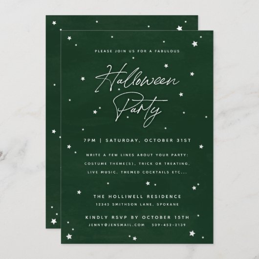グリーンエレガント+ホワイトマジカルスターズハローウィンパーティ 招待状 (正面/裏面)