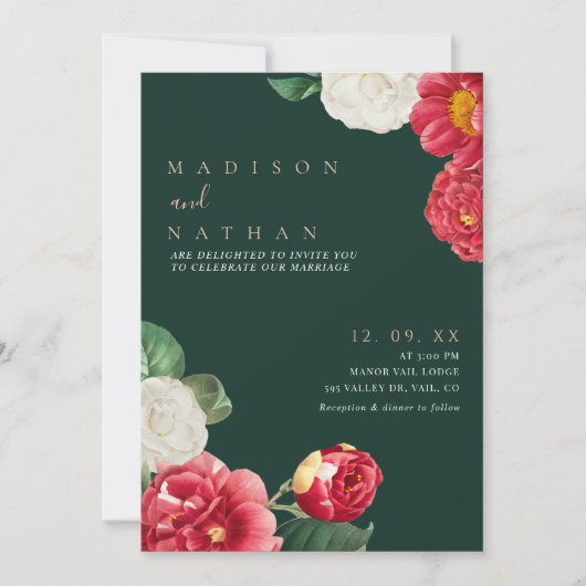 グリーンエレガント ヴィンテージ フラワー ウェディング 招待状 (正面)