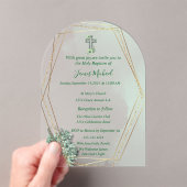 グリーンエレガント&金ゴールドクロスバプテスマ招待状 アクリル招待状 (インサイチュ (ポータブル))