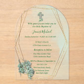 グリーンエレガント&金ゴールドクロスバプテスマ招待状 アクリル招待状 (正面)