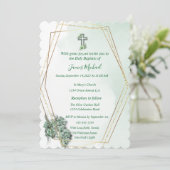 グリーンエレガント&金ゴールドクロスバプテスマ招待状 招待状 (スタンド正面)
