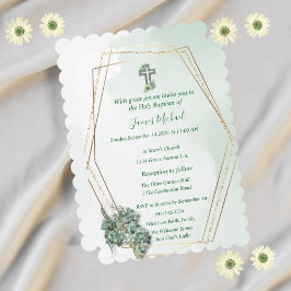 グリーンエレガント&金ゴールドクロスバプテスマ招待状 招待状