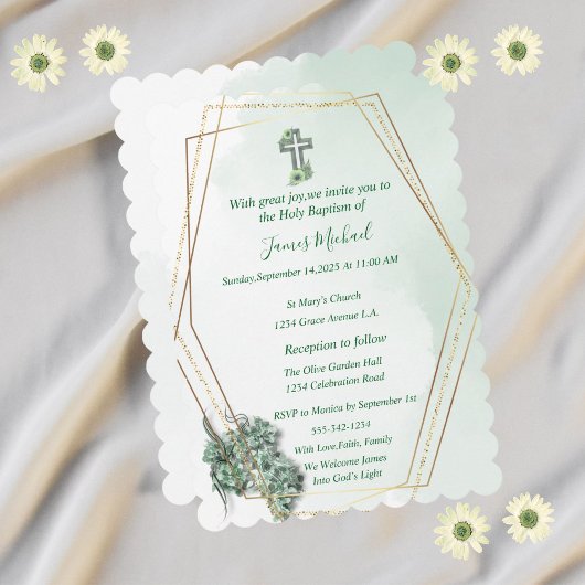 グリーンエレガント&金ゴールドクロスバプテスマ招待状 招待状
