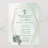 グリーンエレガント&金ゴールドクロスバプテスマ招待状 招待状 (正面/裏面)