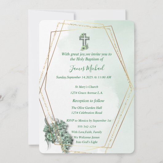グリーンエレガント&金ゴールドクロスバプテスマ招待状 招待状 (正面)
