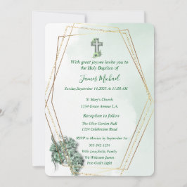 グリーンエレガント&金ゴールドクロスバプテスマ招待状 招待状
