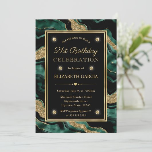 グリーンエレガント&金ゴールドグリッターアゲート21歳の誕生日 招待状 (スタンド正面)