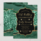 グリーンエレガント&金ゴールドグリッターアゲート21歳の誕生日 招待状 (正面/裏面)