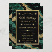 グリーンエレガント&金ゴールドグリッターアゲート60誕生日 招待状 (正面/裏面)