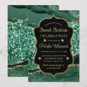 グリーンエレガント&金ゴールドグリッターアゲートSweet sixteen 招待状 (正面/裏面)