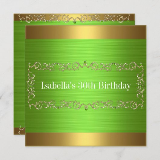 グリーンエレガント&金ゴールドジュエル誕生日イベント 招待状 (正面/裏面)