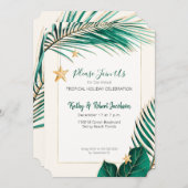 グリーンエレガント&金ゴールドトロピカルホリデーパーティー 招待状 (正面/裏面)