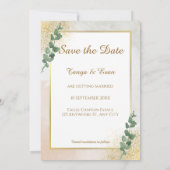 グリーンエレガント&金ゴールドフォトウェディング日付を保存 招待状 (裏面)