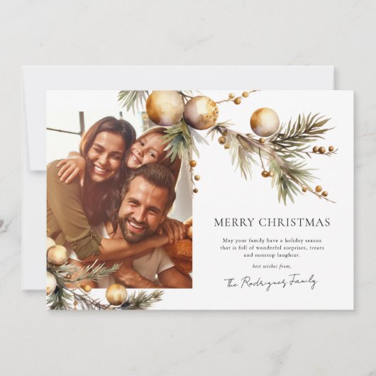 グリーンエレガント&金ゴールドフォトクリスマスホリデーカード シーズンカード (正面)
