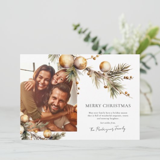 グリーンエレガント&金ゴールドフォトクリスマスホリデーカード シーズンカード (スタンド正面)