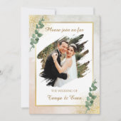 グリーンエレガント&金ゴールドフォト結婚式招待状 招待状 (正面)