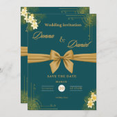 グリーンエレガント&金ゴールド結婚式招待状ウィズフローラ 招待状 (正面/裏面)