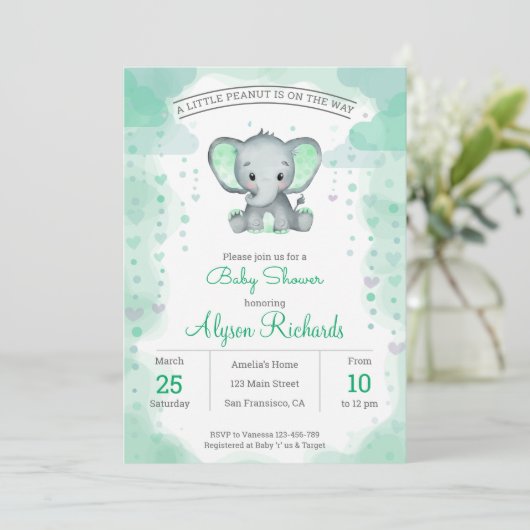 グリーンエレファントウォーターカラーベビーシャワー招待状 招待状 (スタンド正面)