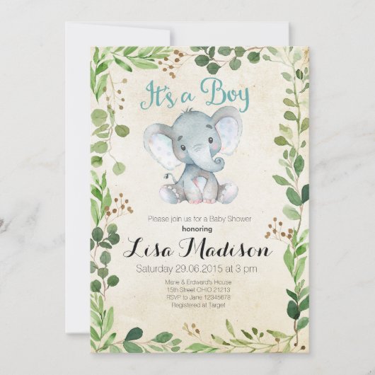 グリーンエレファントベビーシャワー招待状 招待状 (正面)