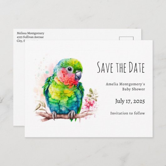 グリーンオウム – かわいいベビーバードベビーシャワー 案内ポストカード (正面/裏面)