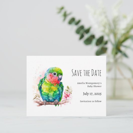 グリーンオウム – かわいいベビーバードベビーシャワー 案内ポストカード (スタンド正面)