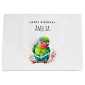 グリーンオウム – かわいいベビーバード誕生日 ラージペーパーバッグ (正面)