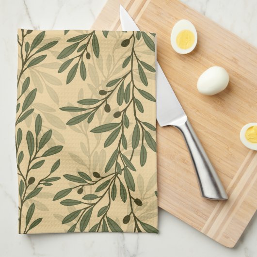 グリーンオリーブの木の枝パタ地中海のーン キッチンタオル (四つ折り)