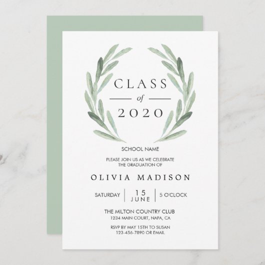 グリーンオリーブの枝の花輪 卒業パーティー 招待状 (正面/裏面)