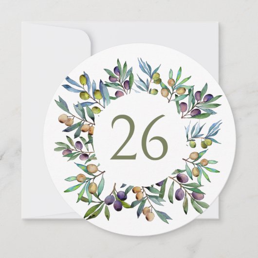 グリーンオリーブの枝トスカーナ円テーブル番号 招待状 (正面)