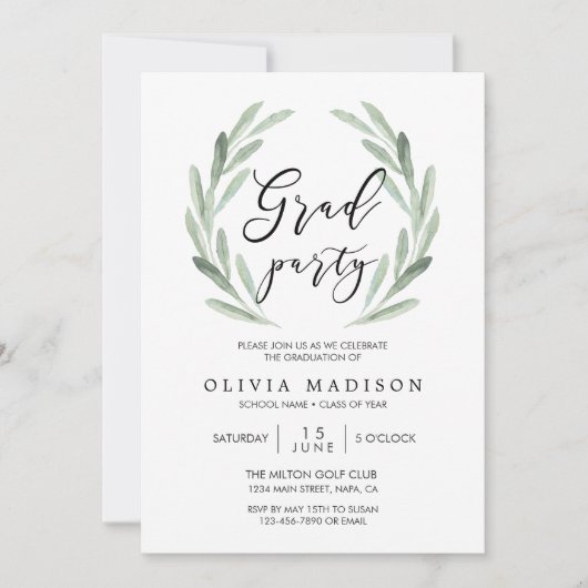 グリーンオリーブの枝リースの卒業パーティー 招待状 (正面)