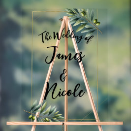 グリーンオリーブの葉とゴールドのルスティックウェディングサイン アクリルサイン