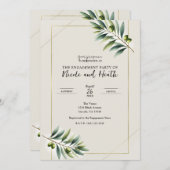 グリーンオリーブの葉の骨白金エンゲージメントパーティー 招待状 (正面/裏面)