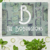 グリーンオリーブティール(緑がかった色)グレーモノグラム抽象芸術幾何学模様 キッチンタオル (折り畳み)