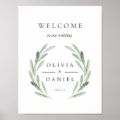 グリーンオリーブブランチリース結婚ウェルカムサイン ポスター (正面)