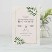 グリーンオリーブリーフボーンホワイト金ゴールド婚約パーティ 招待状 (スタンド正面)