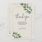 グリーンオリーブリーフボーンホワイト金ゴールド素朴ありがとう 招待状 (正面/裏面)