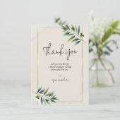 グリーンオリーブリーフボーンホワイト金ゴールド素朴ありがとう 招待状 (スタンド正面)