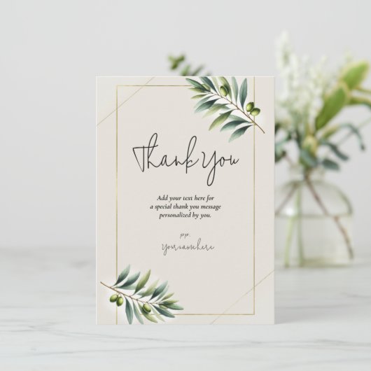グリーンオリーブリーフボーンホワイト金ゴールド素朴ありがとう 招待状 (スタンド正面)