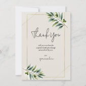 グリーンオリーブリーフボーンホワイト金ゴールド素朴ありがとう 招待状 (正面)