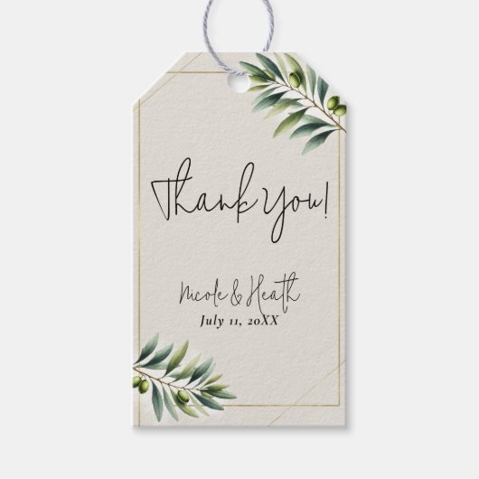 グリーンオリーブリーフボーンホワイト&素朴金ゴールド結婚ズ ギフトタグ (正面)