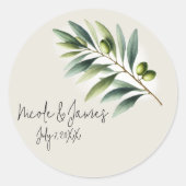 グリーンオリーブリーフボーンホワイト&素朴金ゴールド結婚ズ ラウンドシール (正面)