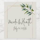 グリーンオリーブリーフボーンホワイト&素朴金ゴールド結婚ズ ワインラベル (シングルラベル)