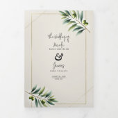 グリーンオリーブリーフボーンホワイト&素朴金ゴールド結婚ズ 三つ折り招待状 (カバー)
