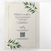 グリーンオリーブリーフボーンホワイト&素朴金ゴールド結婚ズ 三つ折り招待状 (内部最初)
