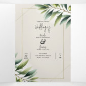 グリーンオリーブリーフボーンホワイト&素朴金ゴールド結婚ズ 三つ折り招待状 (内部中)