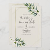 グリーンオリーブリーフボーンホワイト&素朴金ゴールド結婚ズ 招待状 (正面/裏面)