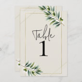 グリーンオリーブリーフボーンホワイト&金ゴールドテーブル番号 招待状 (正面/裏面)