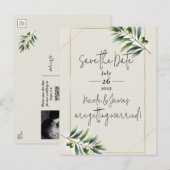 グリーンオリーブリーフボーンホワイト&金ゴールド保存日 案内ポストカード (正面/裏面)