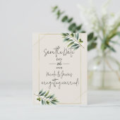 グリーンオリーブリーフボーンホワイト&金ゴールド保存日 案内ポストカード (スタンド正面)