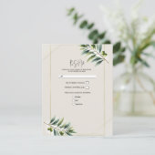 グリーンオリーブリーフボーンホワイト&金ゴールド素朴RSVP 招待状 (スタンド正面)